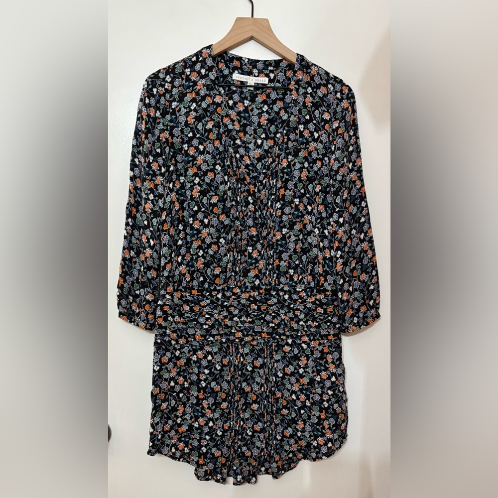 Veronica Beard August Boho Silk Floral Bird Print Pintuck Shirt Dress Size 4